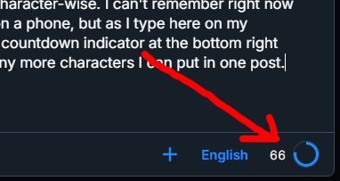 A screenshot of part of this post, with an arrow pointing from the words, countdown indicator, to a number and a partly outlined circle showing that 66 possible characters, or not quite a quarter of the maximum, are still unused.