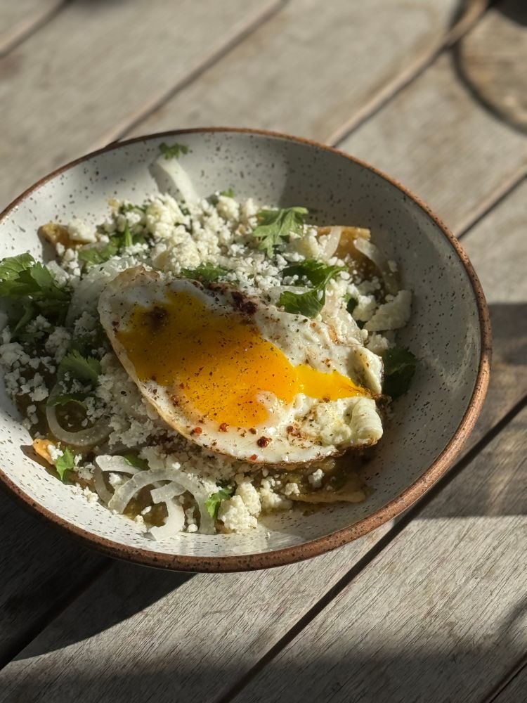 Home made chilaquiles with tomatillos from my garden, grown in the failed collapsing communist hellhole that is Portland, please save me