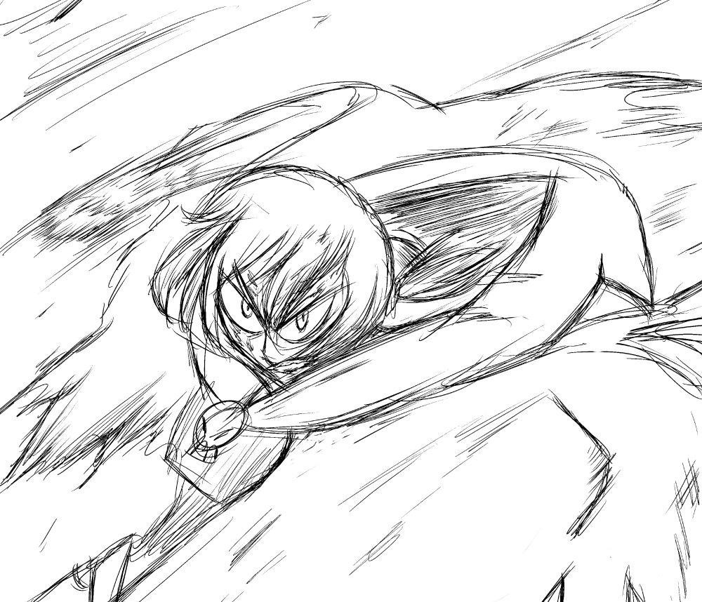 A stylized drawing of my oc Rojo punching with heavy sketchy lines 