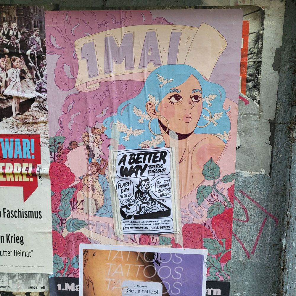 A poster featuring an illustration of a person with blue hair and white doves, accompanied by a tattoo parlor advertisement and historical imagery, with roses and protest-related text in the background.