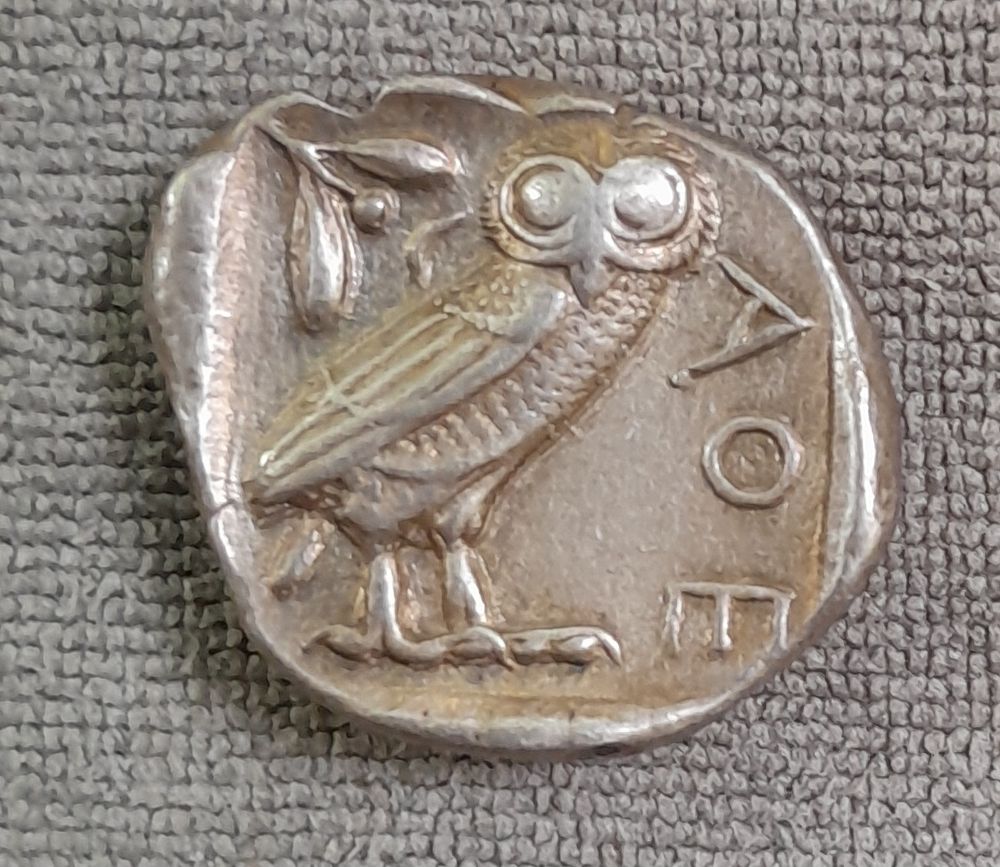 Picture of an owl with olive leaves and a cresent moon. 