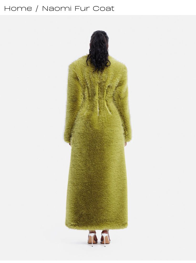 Hanifa fur coat in chartreuse, back angle 