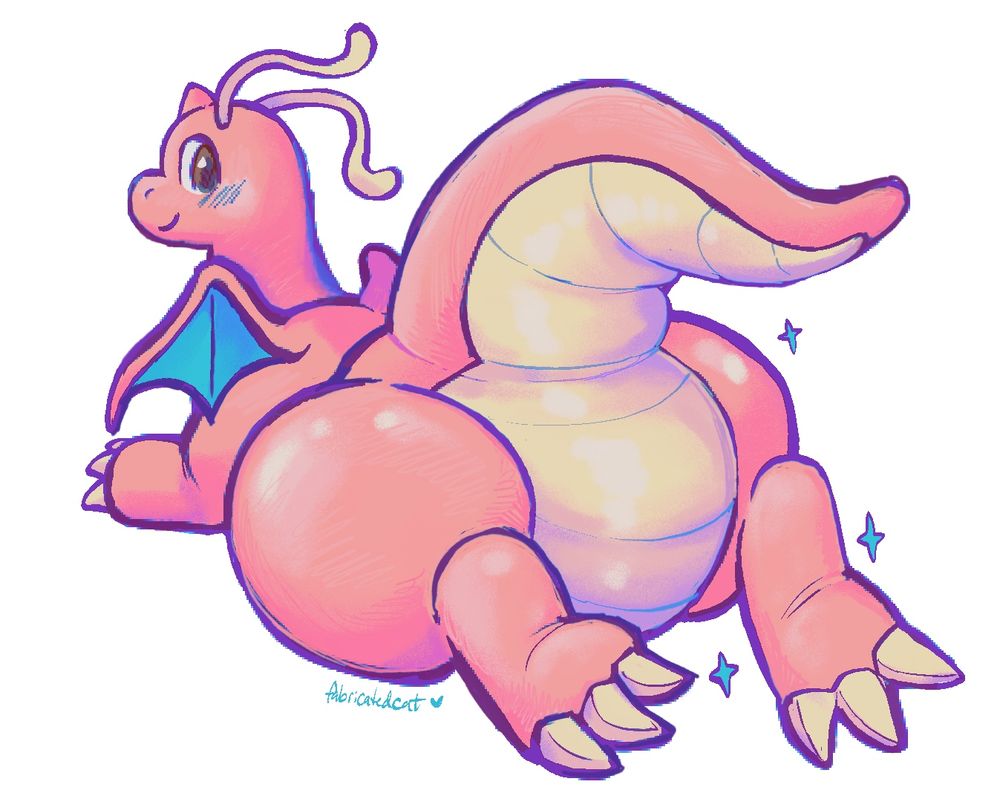digital illustration of a dragonite posed laying on its belly from behind