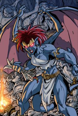 Image show an artists comic book illustration of Demona from the animated tv series Gargoyles her eyes glow red and she grits her teeth with her wings are spread out. She look badass af. 