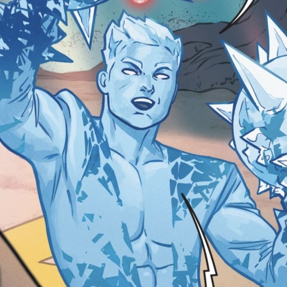 Comic panel with Bobby Drake "Iceman" in his iced up form with big spikey ice maces for hands. 