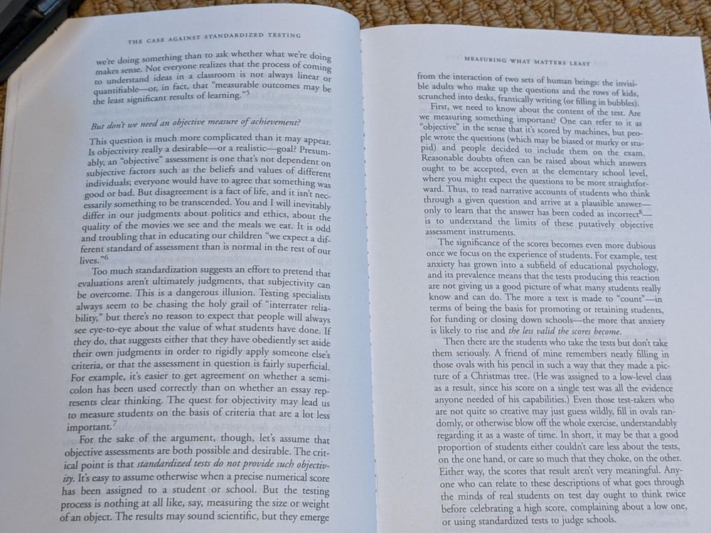 Screenshot of pp. 4-5 of the book The Case Against Standardized Testing
(https://www.alfiekohn.org/case-standardized-testing/)