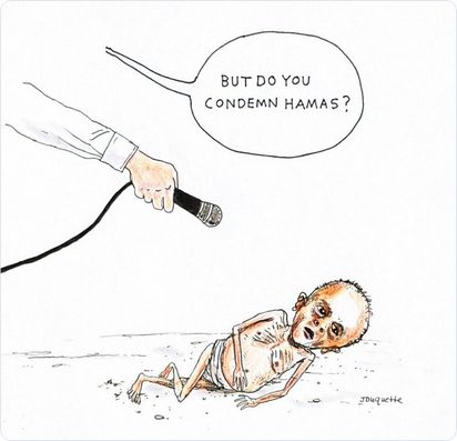 An interviewer is pointing a microphone at a malnourished child on the ground and asking "But do you condemn Hamas?"