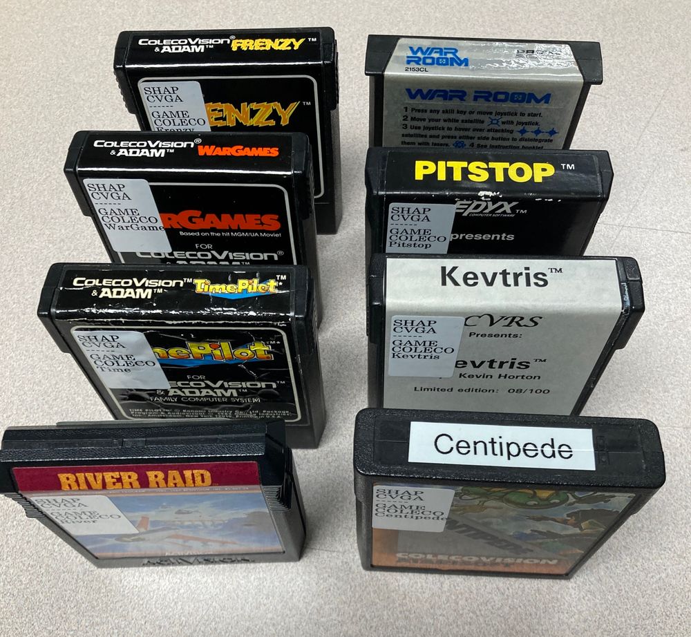 ColecoVision cartridges for: Frenzy; War Room; WarGames; Pitstop; Time Pilot; Kevtris; River Raid; Centipede