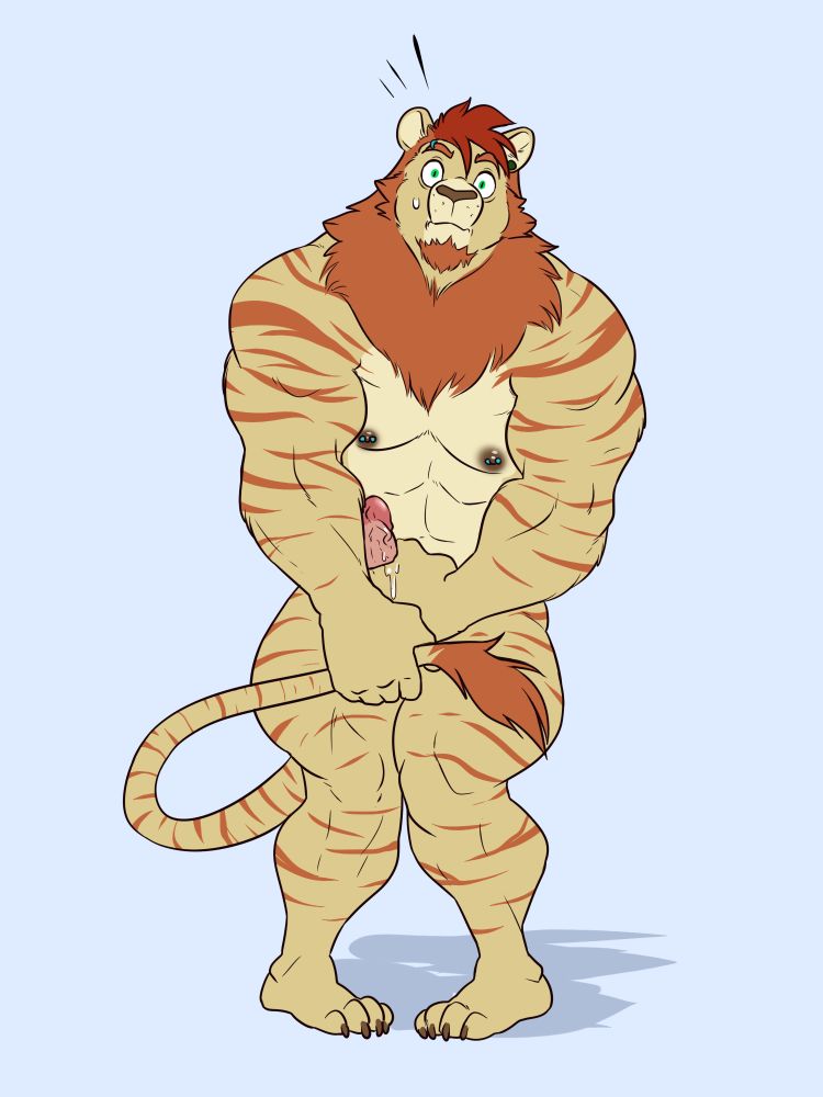 A large and muscular anthropomorphic liger man stands naked and embarrassed. He is attempting to hide his massive erection, but is only able to cover about half, with the head and most of the shaft still visible.