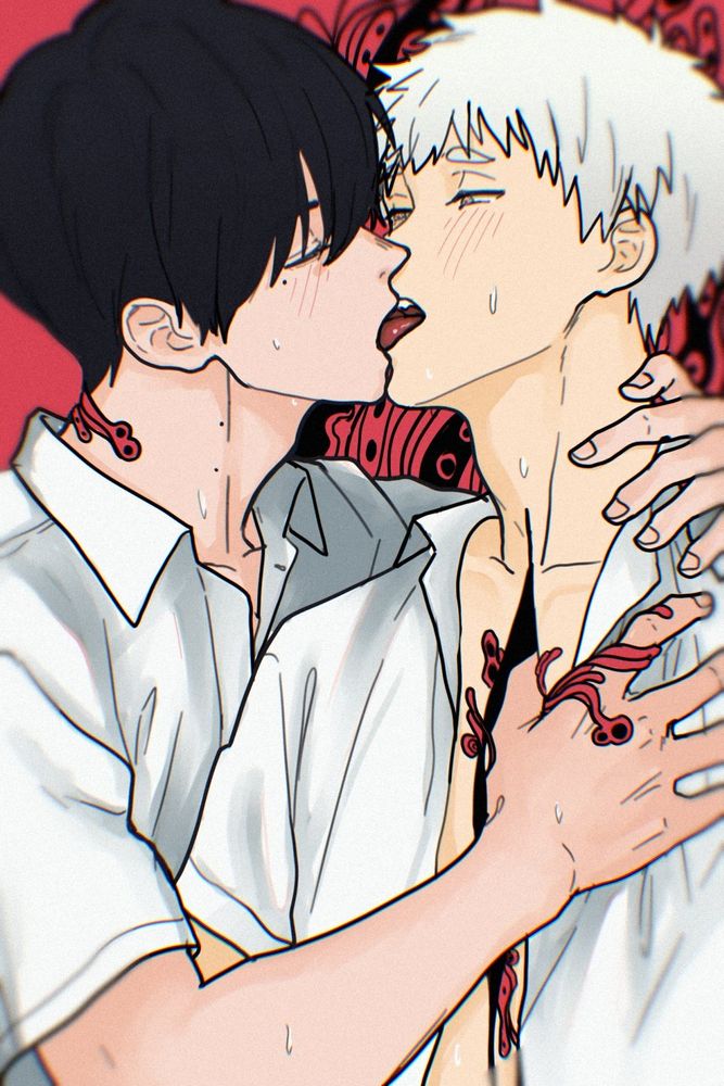 A digital drawing of Yoshiki and Hikaru french kissing, yoshiki's thumb is inside of Hikaru's chest you can see the same eldritch pattern flowing from Hikaru's chest and background of the picture.
