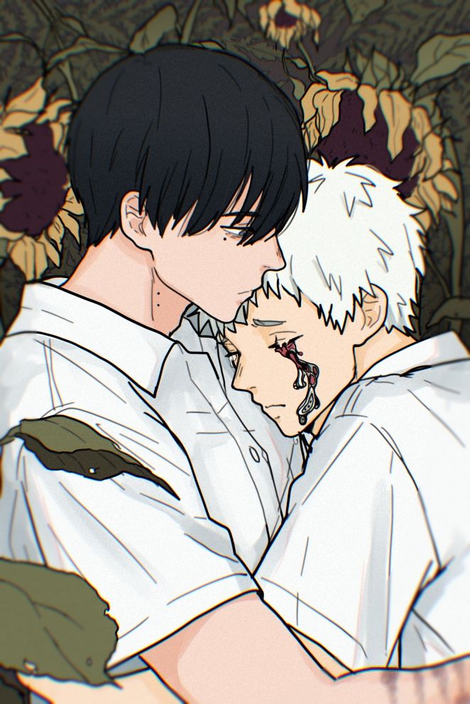 A digital painting of Hikaru and Yoshiki from the summer Hikaru died in an embrace surrounded by sunflowers