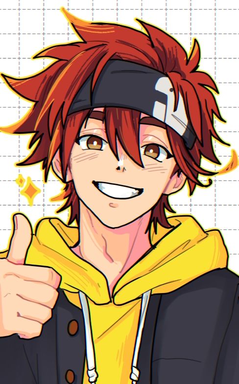 A digital painting of Reki Kyan from the anime Skate Infinity. The art is a portrait of the character wearing a yellow hoodie and a black jacket, his hair is red and messy with a black bandana and is doing a thumbs up