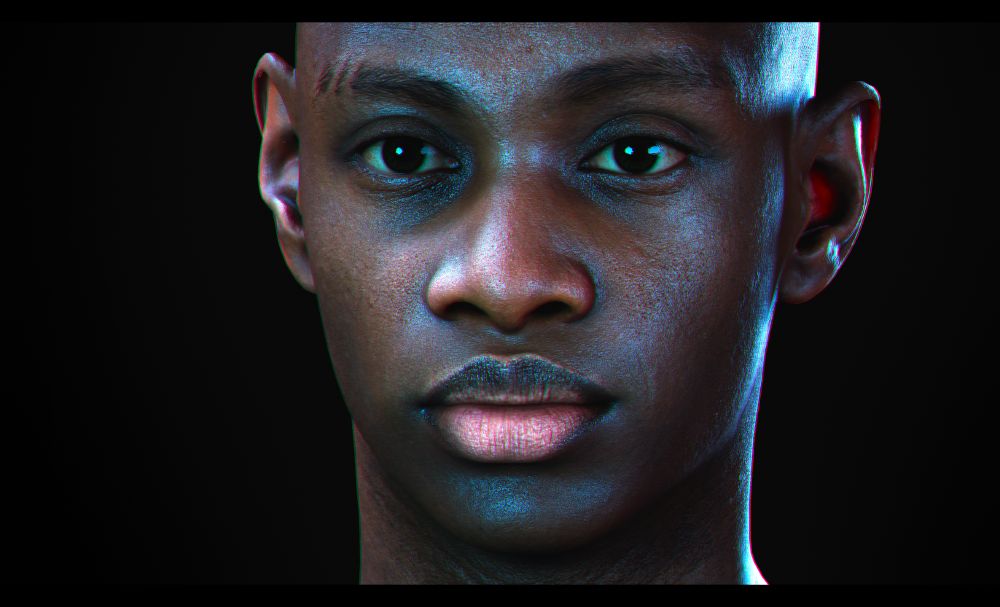 render 3d foto realista de homem negro com aproximadamente 20 anos. tem dois risquinhos na sobrancelha. fundo preto