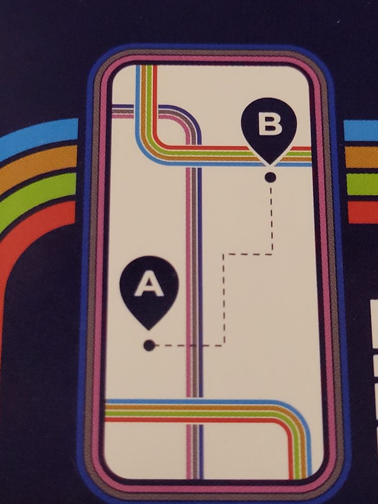 Stylized screen shot. Three coloured lines (Set 1) go from top left to bottom centre. The 3 other routes (Set 2) show across the screen twice. One loop goes from top left over the bend of the set 1 and then off middle right. A different loop of set 2 runs from lower left over set A lines to far right bottom. The two loops of Set 2 do not connect on screen. Point A is in the lower half, just left of set 1 lines. Point B is upper right by set 2 lines. A dotted line shows the walking path between A and B. This path is not along the lines. It mimics walking an invisible street grid. 