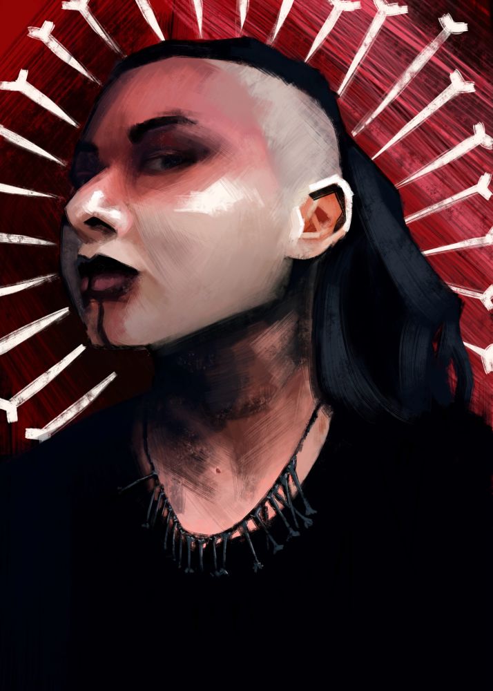 Painting of Vinnie in the style of Rostov’s Disco Elysium character portraits 