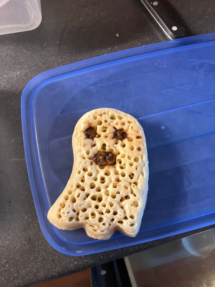 A singular creepy crumpet - crumpets in the shape of ghosts - from Morrisons. 