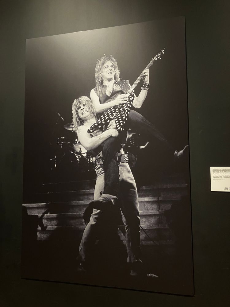  Black and white photo of Ozzy and Randy Rhoads on stage together. 