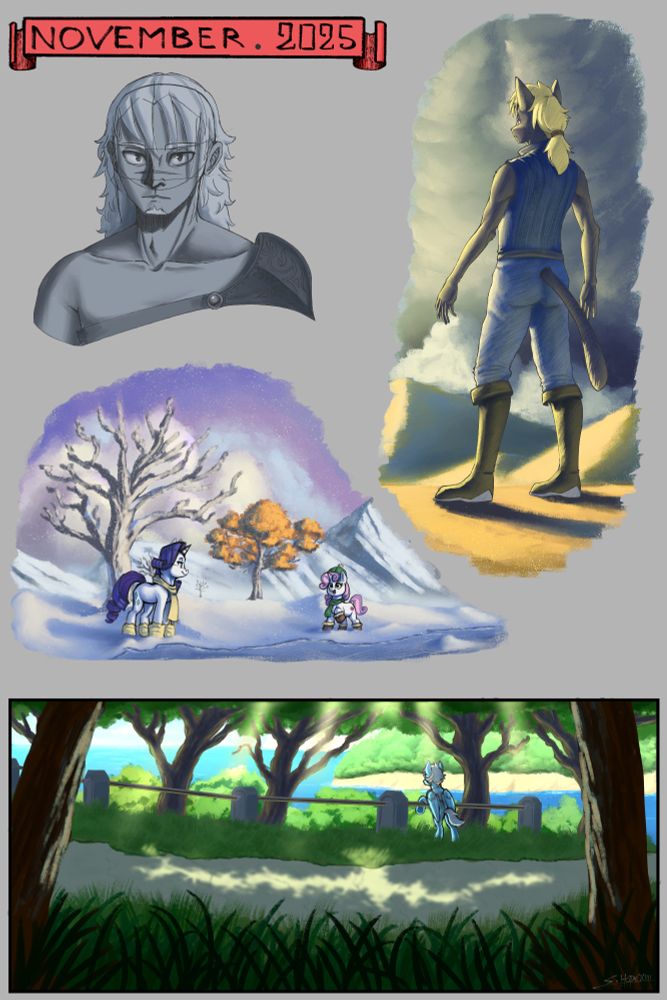 Sketchdump for the month of November 2025

The first sketch is a portrait of an original human character colored in grayscale.

The second sketch depict one of my anthro cat character I've created a while ago, standing in what appear to be a sort of post-apo desert.

The third sketch is about characters from the My Little Pony series, both Rarity and her little sister Sweetie Belle enjoying a day in a sunbathed snowfield.

And the last sketch is one depicting my ponysona enjoying the view over a seaside cliff while being under the cover of some foliage's shadows.