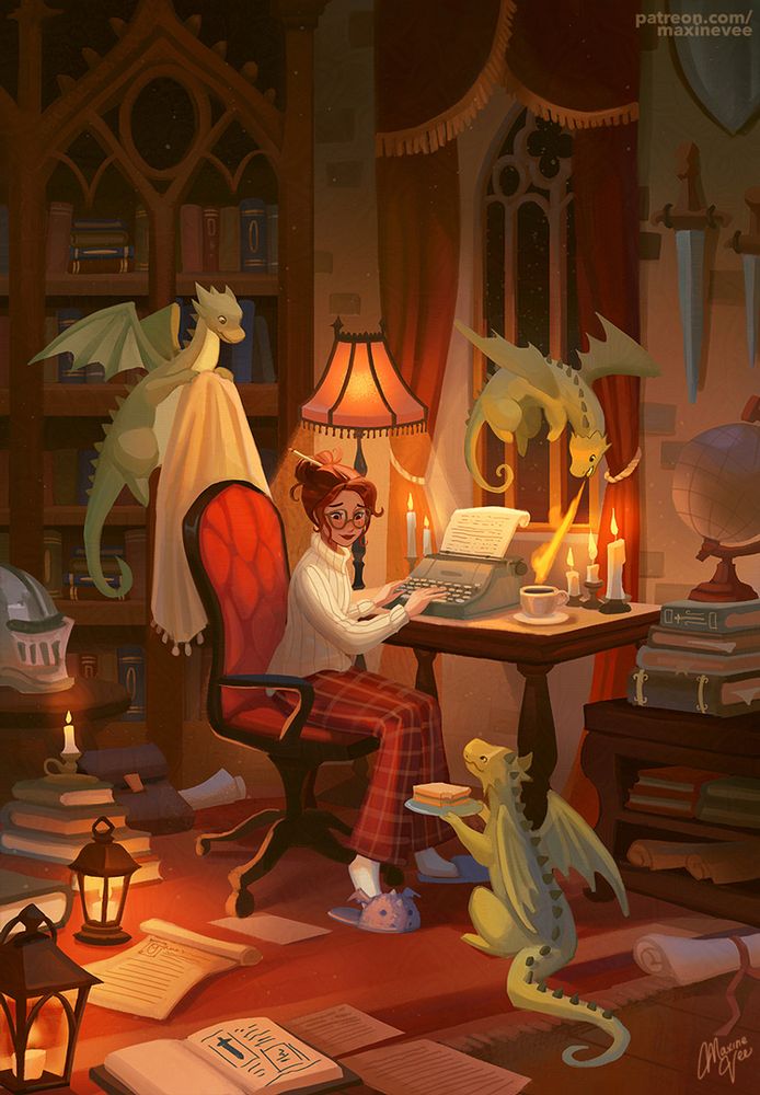A young lady wearing pajamas sits in her room with her typewriter. She is surrounded by three little dragons who are there to support her. A dragon at the left corner serves her a sandwich with a nibble on it. Another dragon blows fire to warm her beverage and the last dragon gives her a warm blanket. 