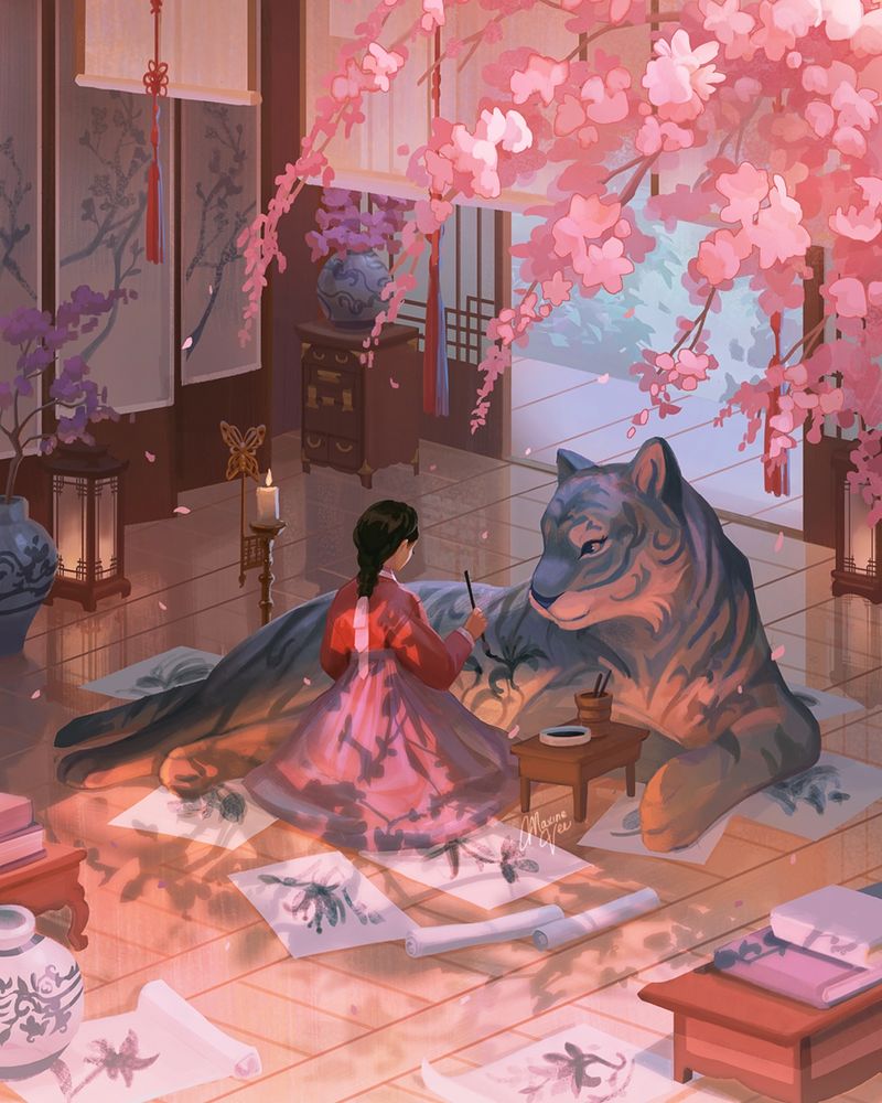 A young Korean woman paints ink flowers to create patterns on her tiger. There are scattered flower ink paintings around her. The top of the painting shows pink blooming plum blossoms to indicate spring has arrived.