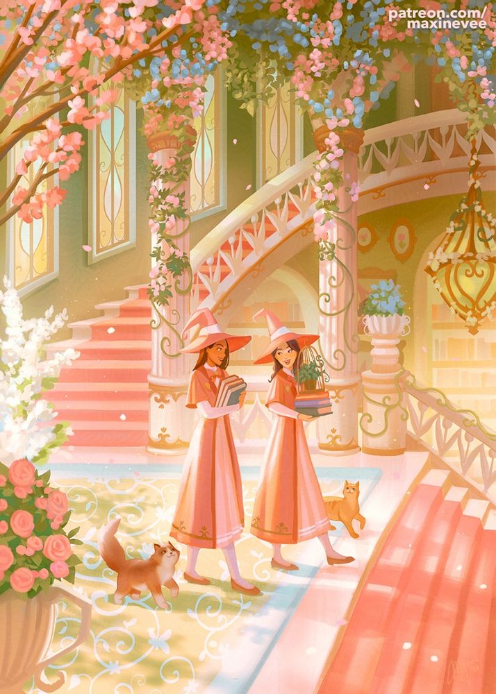 Two witches in pink uniforms walk around the halls of a witch academic building. The building is surrounded by vines with roses, peonies, and flower hybrids. Two small cats walk beside them. 