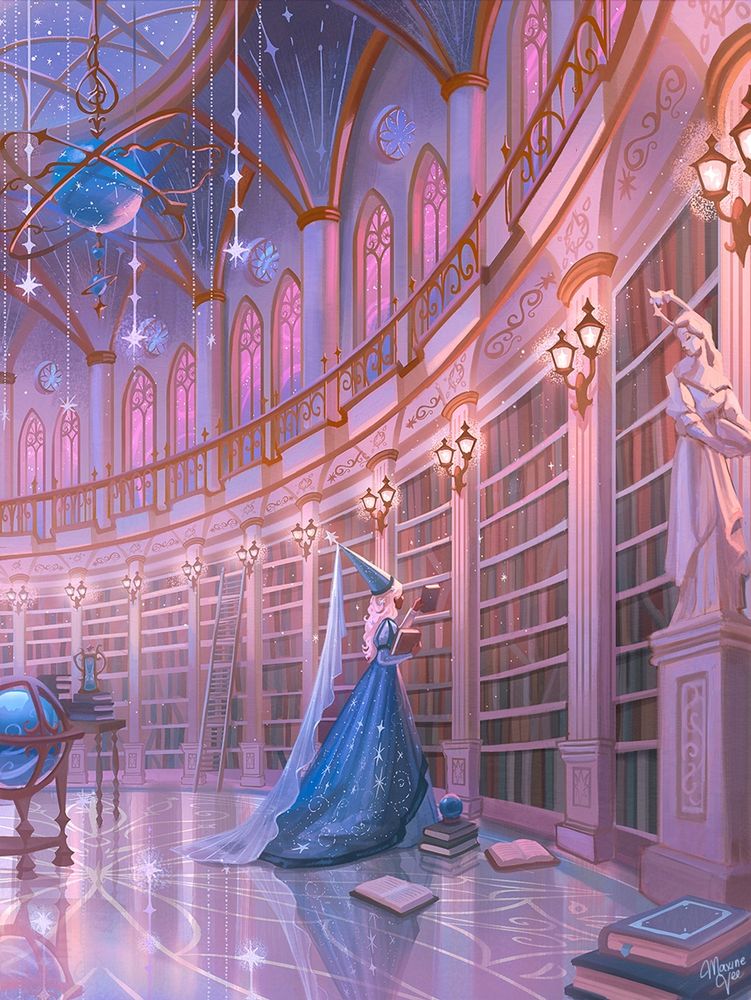 A princess dressed in a blue starry gown picks out books in a library. The library is filled with magical ornaments hanging from the ceiling and is illuminated by mystical lanterns 