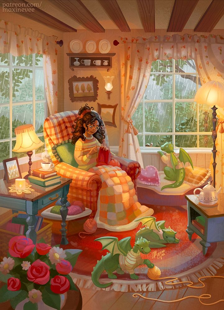 A rainy day spent indoors while a girl sitting on a couch knits as three baby green dragons in knitted sweaters patiently wait for the rain to pass. A baby dragon plays with a yarn, another one naps on a rug and the other looks outside and sees a small snail 