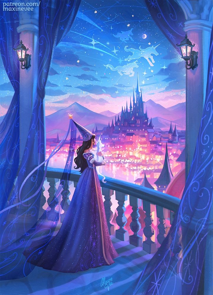 A princess wearing a purple starry gown holds a baby unicorn as they admire the view of the night sky. The view shows a castle in the distance and three unicorn silhouettes in the sky. 