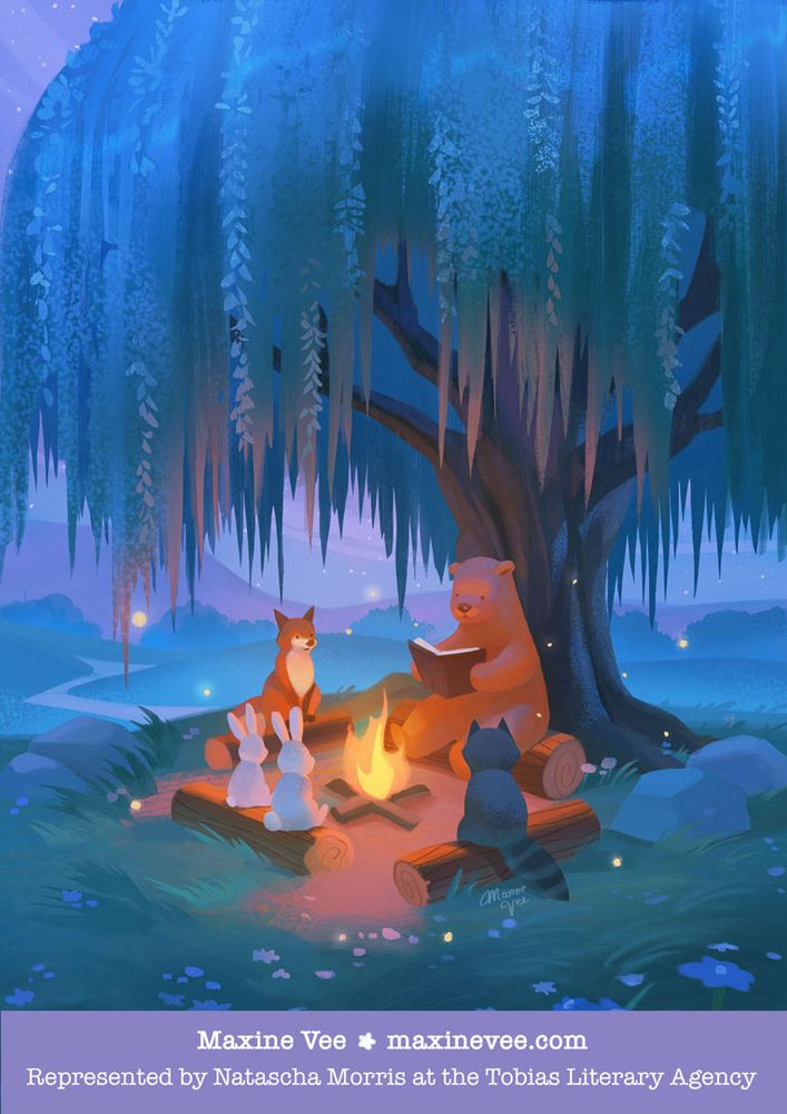 A brown bear reads a story to their friends: raccoon, two rabbits, and a fox around a campfire. They are sitting under a willow tree during a night sky. There are fireflies surrounding them. 