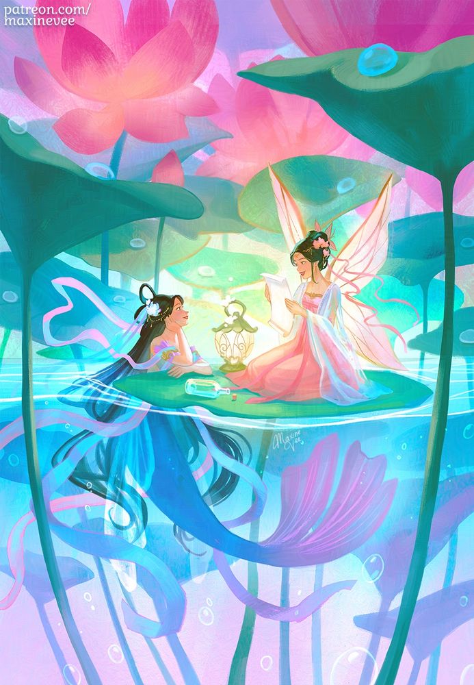 A mermaid and a fairy share a conversation together as the fairy reads a message from a bottle. They are surrounded by water lilies. The fairy sits on a lotus leaf and the mermaid on the left looks up to her to hear her message. 