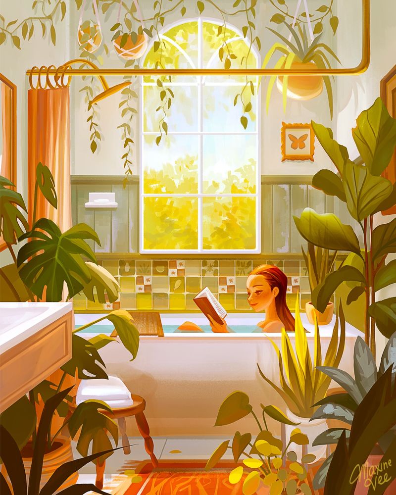 A girl in a bathtub reading a book. Her bathroom is surrounded with luscious plants: monstera, fig leaf, pothos, pilea, and more 