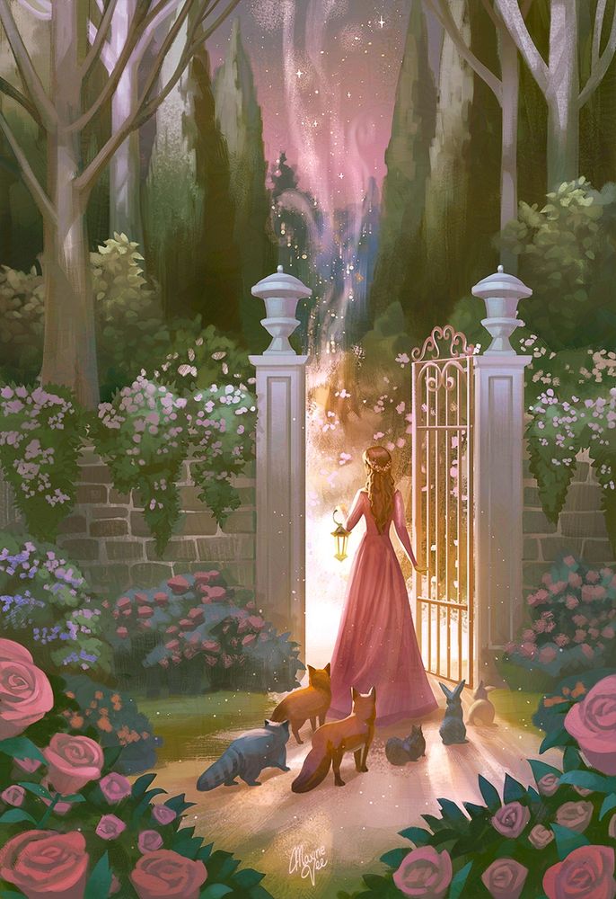 A woman holds a lamp as she stands in an entryway of a gated garden. There are forest animals around her (two foxes, two rabbits, one squirrel and raccoon.) The foreground area is surrounded by roses. 