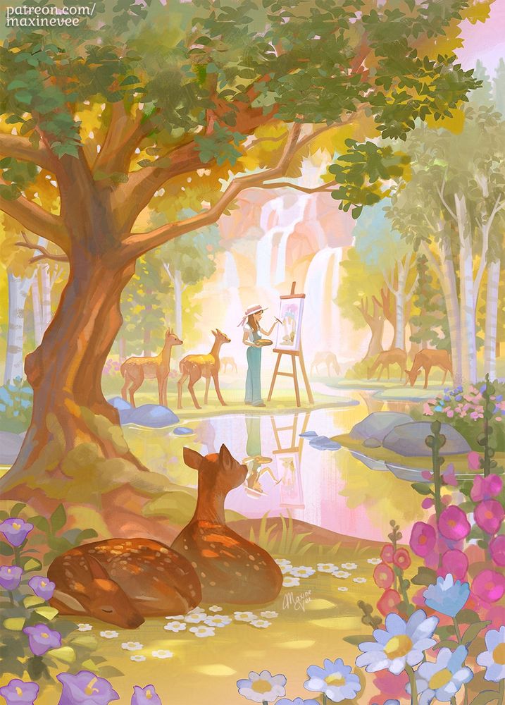 An illustration of a woman painting in the outdoors. She’s surrounded by deer as she paints on her canvas. We see a large tree framing the composition and two deer resting on the ground surrounded by flowers. 