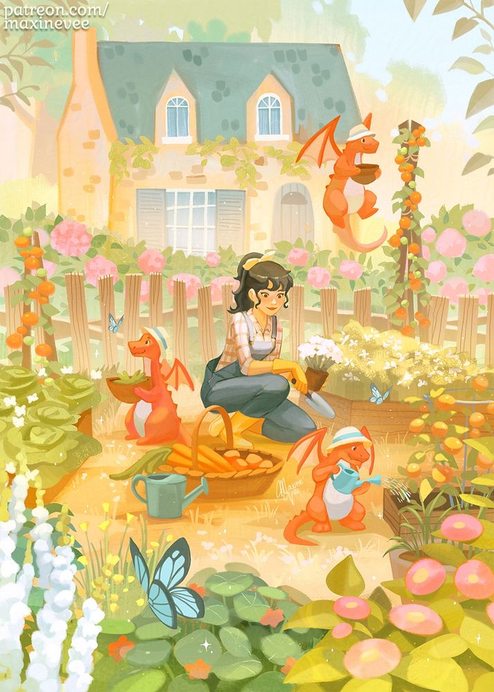 An illustration of a woman in her gardening gear surrounded in her garden. Three red-orange dragons help around the garden, they’re all wearing tiny sun hats. There are pink flowers, snapdragons at the front and lettuces and tomatoes in the middle ground. There’s also a quaint cottage in the background 