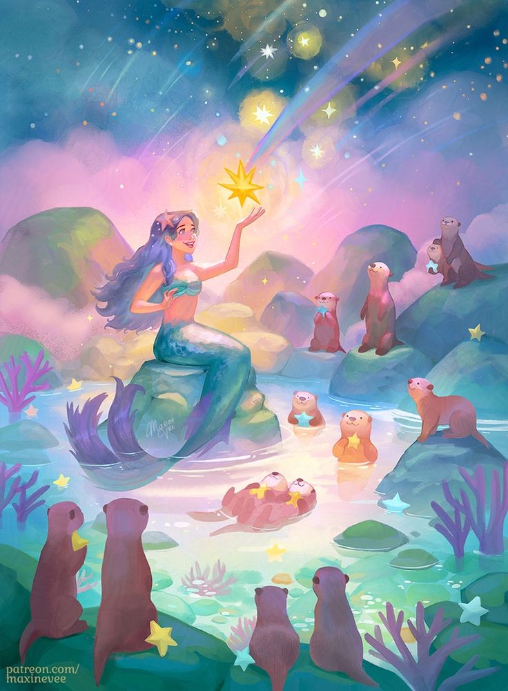 A mermaid with purple hair sitting on a rock with her otter friends gaze in awe as stars fall from the pastel pink sky. There are corals around and otters standing on rocks in the foreground