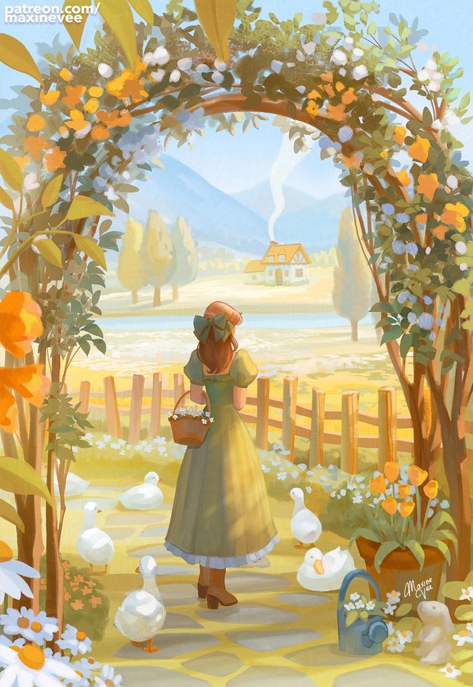 A girl in a green dress with a green bow stands under a flower archway. She is standing on a garden path surrounded by ducks, daisies, and flowers. There’s a cottage in the far distance