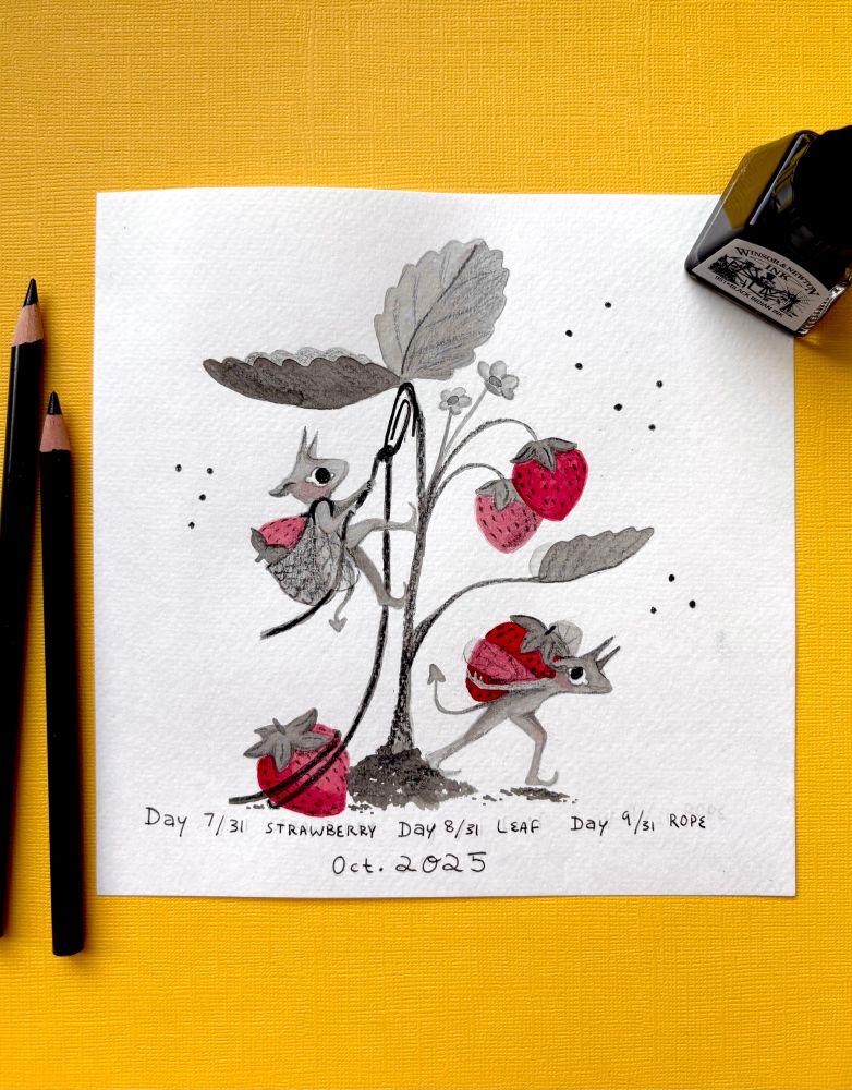 An illustration in black and red ink on white paper of impish creatures climbing up a rope clipped to a strawberry plant using a paper clip, to steal the berries. A second imp carries a strawberry on its back sneaking away from the plant. The illustration lays on a yellow background next to a bottle of paint and a couple of pencils