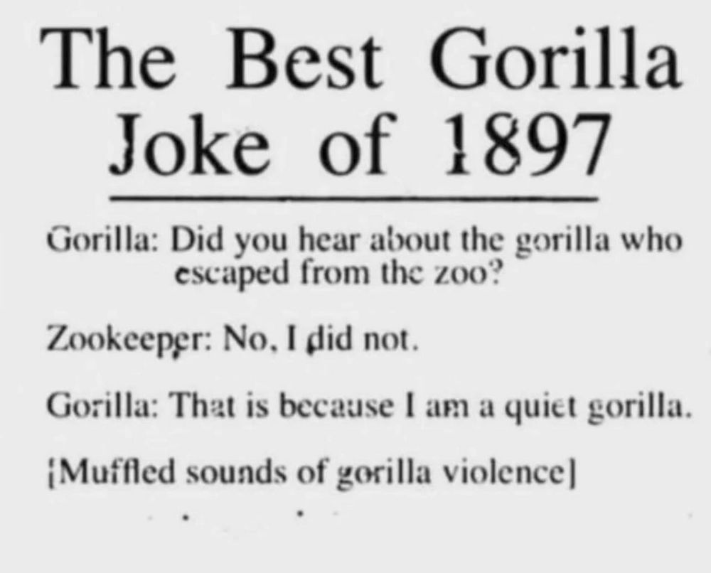 The Best Gorilla
Joke of 1897
Gorilla: Did you hear about the gorilla who escaped from the zoo?
Zookeeper: No. I did not.
Gorilla: That is because I am a quiet gorilla.
[Muffled sounds of gorilla violence]