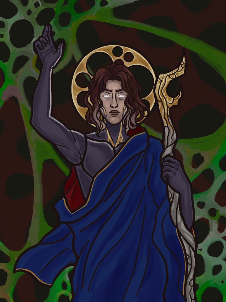 A man in a robe stands holding a staff with his other arm raised.