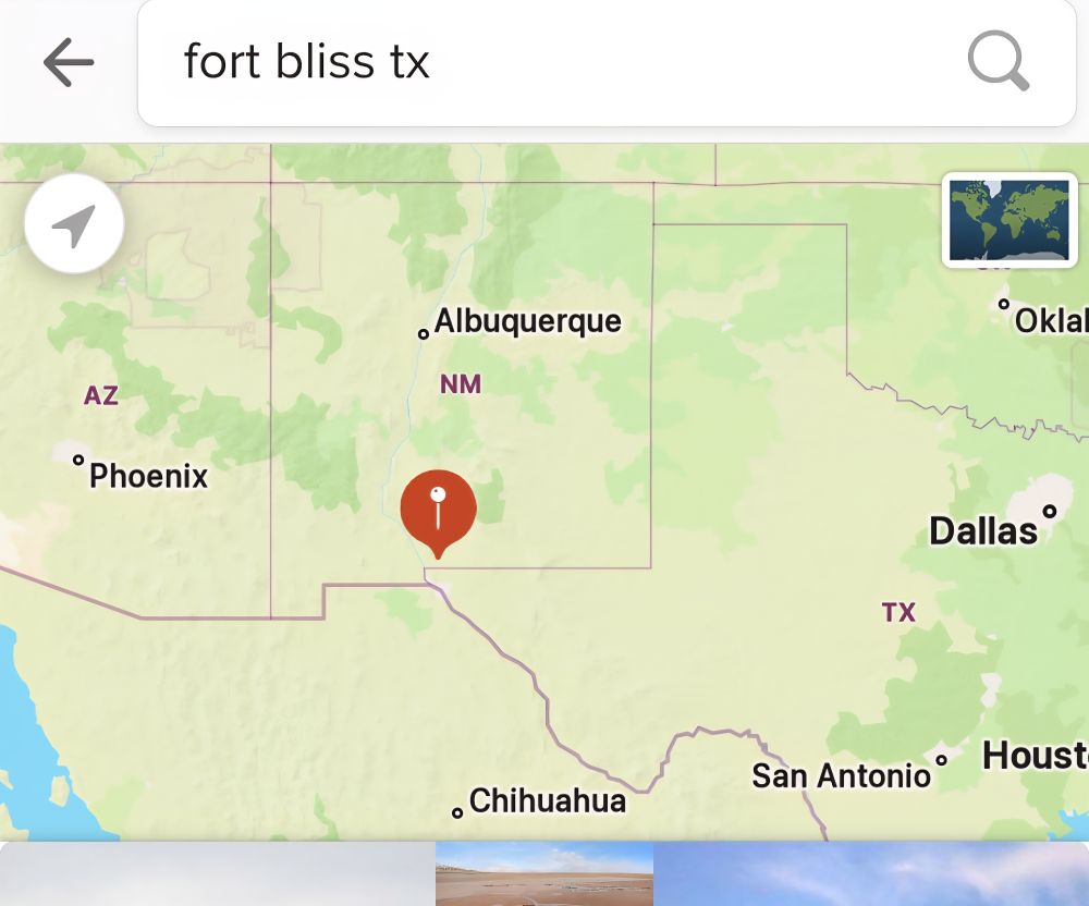 Map showing Fort Bliss TX, far on the left outer corner of TX handle. As close to Albuquerque, Phoenix, Denver and LA as it is to Houson Tx.
