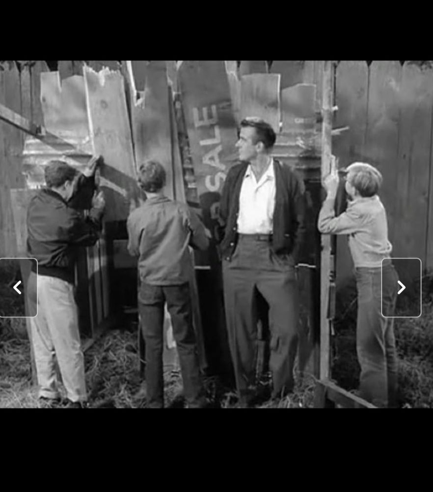 Image of Wally and friends from Leave it to Beaver building a clubhouse. Ward stands watching them awkwardly.
