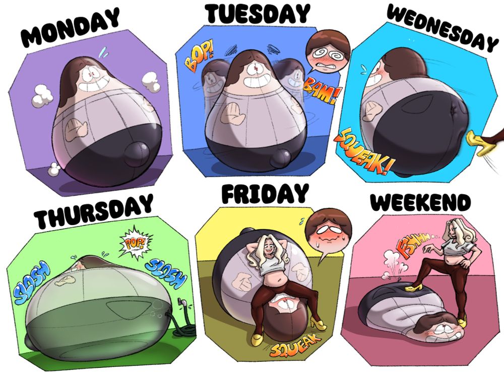 Facu going through the week tfed as a bopper, starting with Monday where they first got transformed, Tuesday they're used for punching practice, Wednesday they're used for kick boxing, Thursday they get filled with water instead of air, Friday they get used as a seat instead, and the weekend he gets deflated to be put away!