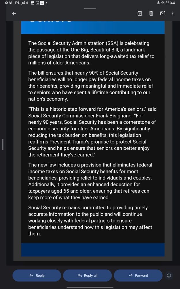 a picture of an email from the Social Security Administration about how Trump's budget bill will supposedly help senior citizens and disabled people 