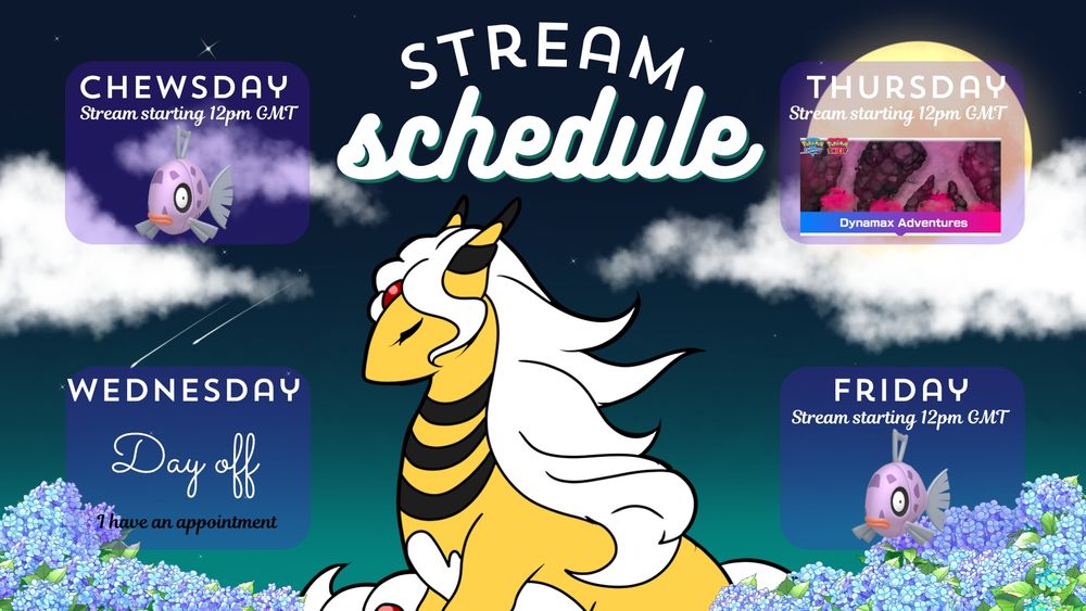 A starry night sky with some clouds and a mega ampharos in the foreground. It is surrounded by four opaque purple squares containing days of the week and what will take place on them: two feebas hunts, a day off and a small dynamax adventure stream.