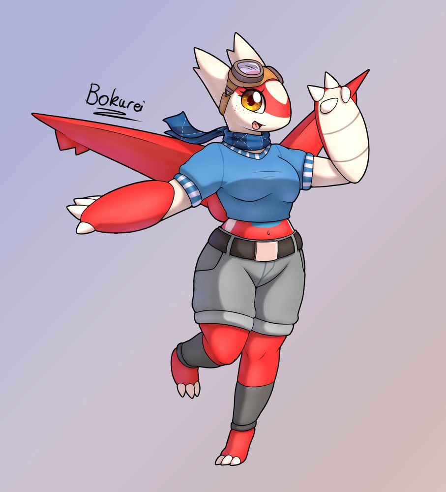 An anthropromorphic Latias called Lila, she is wearing aviator goggles, a dark blue scarf, blue t-shirt that doesn't reach all the way down, revealing her midriff. She also has shorts with a belt and some ankle warmers. Lila is staring at the viewer and doing a cute pose, with one of leg up.