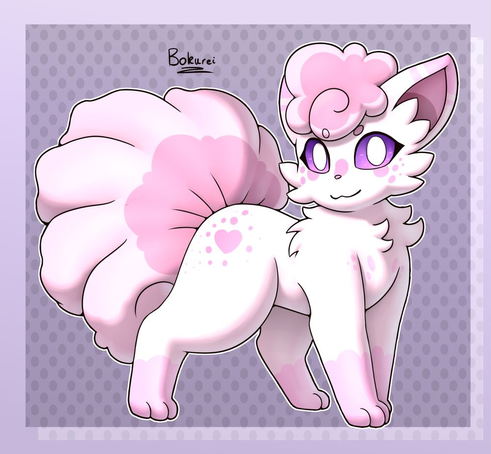 An alolan Vulpix with freckles. They are staring at the viewer and smiling. The Vulpix has their front legs together but their back legs spread apart.