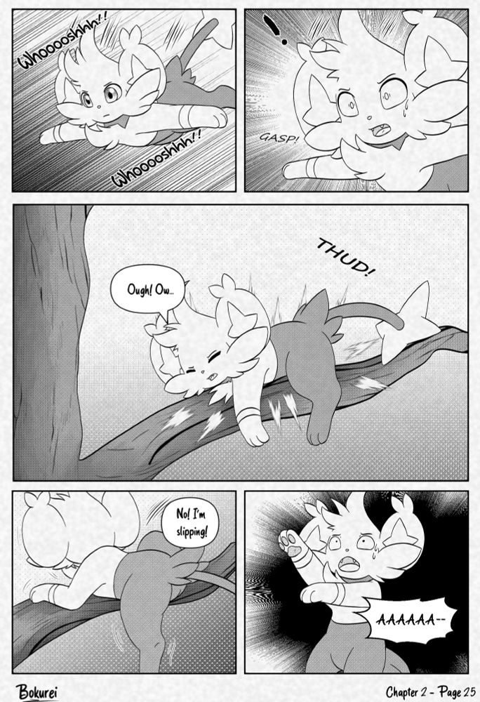 Light is falling down. They noticed a tree branch and slammed right into it. Then they slipped off the tree branch and fell even further, yelling.