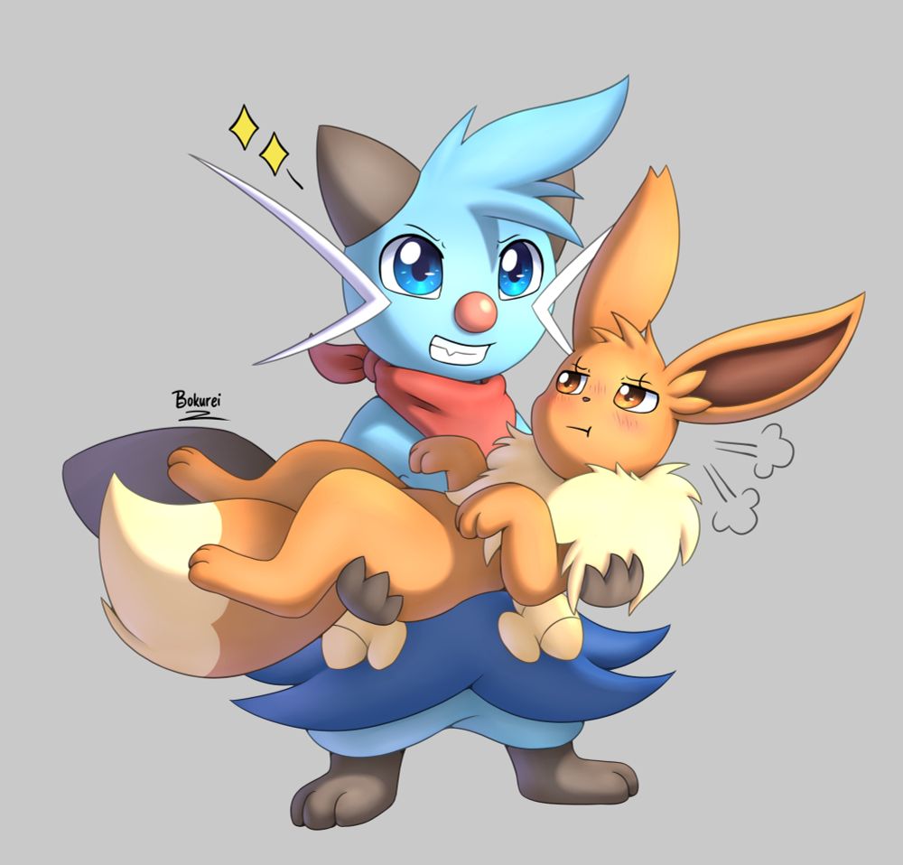A redraw of 'Look what Lance found!' that I drew on Dec 13, 2022. You can view the original in the reply.

Isolde the Eevee was lazing around as usual, but Lance the Dewott wanted her to budge, so he picked her up!