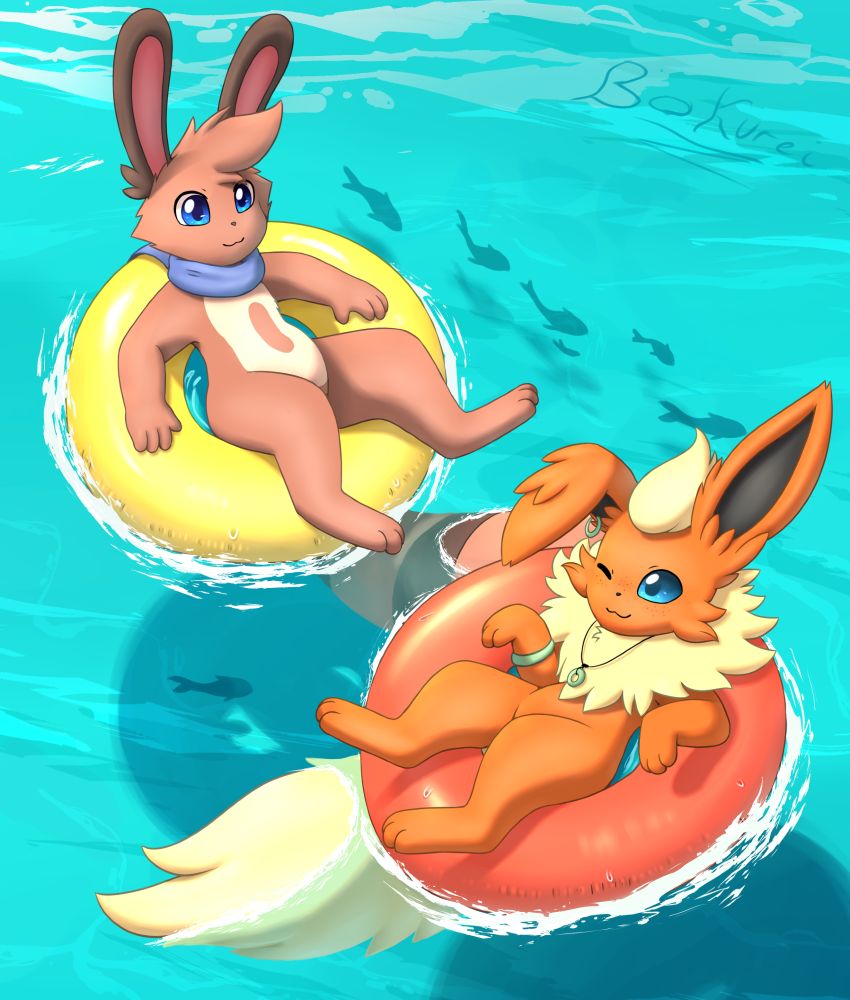 A sentret and a Flareon on inflatable swimming tubes that carries them over the water at a slow pace. The Sentret is smiling at the Flareon and has their tail partially underwater. The Flareon is smiling back at the Sentret with their tail partially underwater too.

The Flareon belonds to ImSamyed.