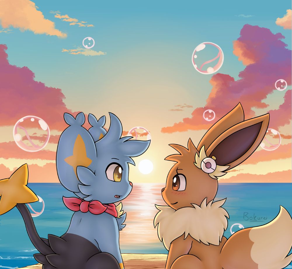 Light the Shinx and Isolde the Eevee at the seaside. They are looking at eachother. Light has their mouth open whereas Isolde is staring and blushing at the Shinx's face. The background is a sunset with clouds, ocean and bubbles.